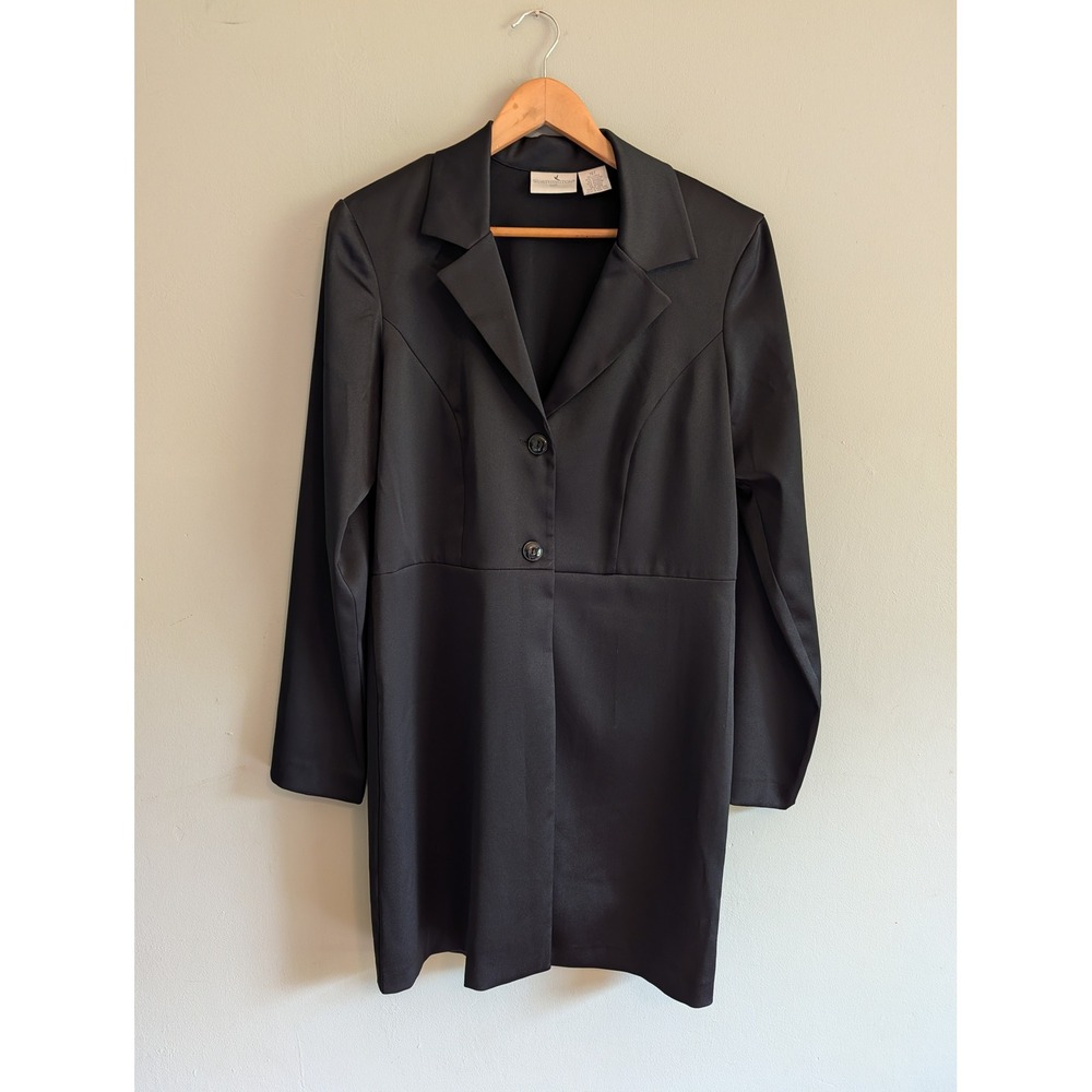Vintage Y2K Worthington Tall Black Satin Blazer Dress Longline Button Up 14T